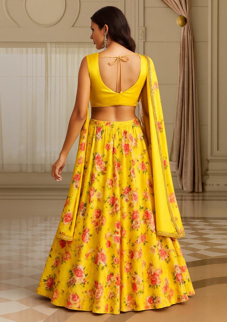 Yellow Printed Satin Lehenga Set - Indya