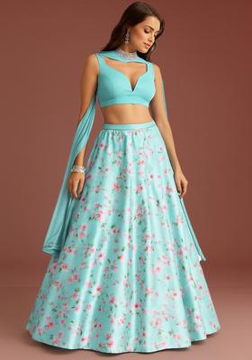 Sky Blue Printed Satin Lehenga Set