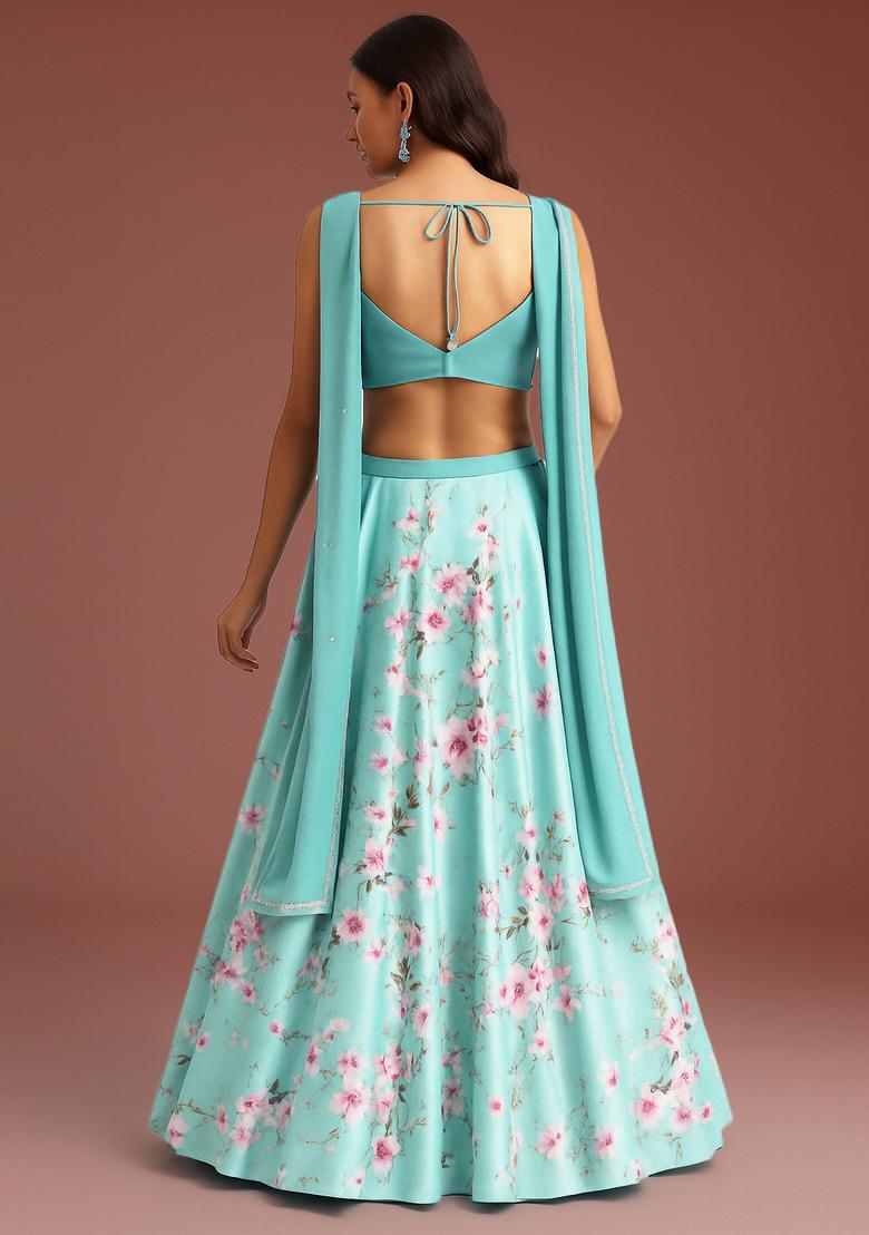 Sky Blue Printed Satin Lehenga Set - Indya