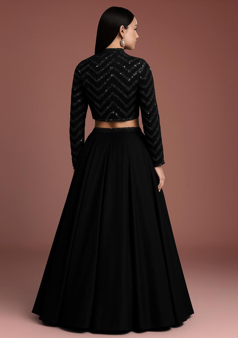 Black Embroidered Georgette Lehenga Set - Indya