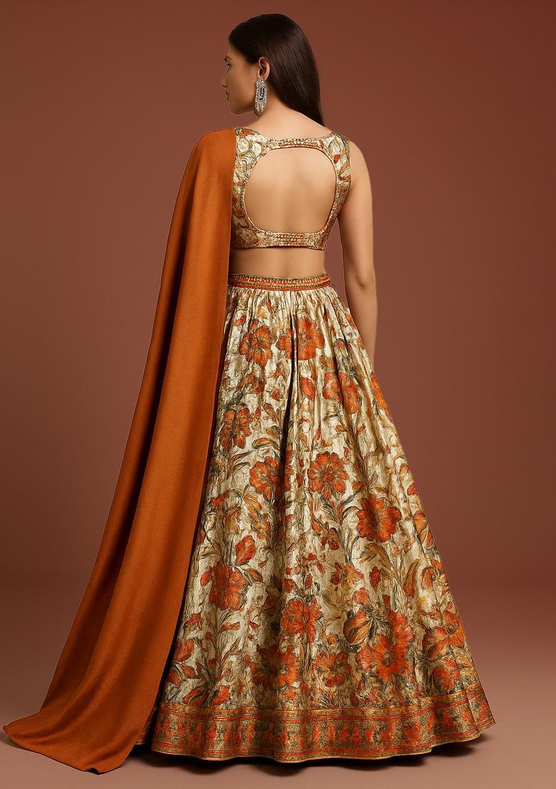 Brown Printed Satin Lehenga Set - Indya