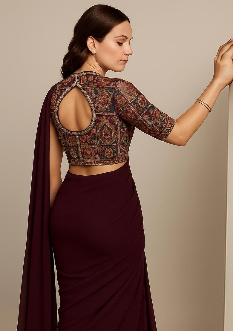 Wine Embroidered Blouse Georgette Pre Draped Saree Set - Indya