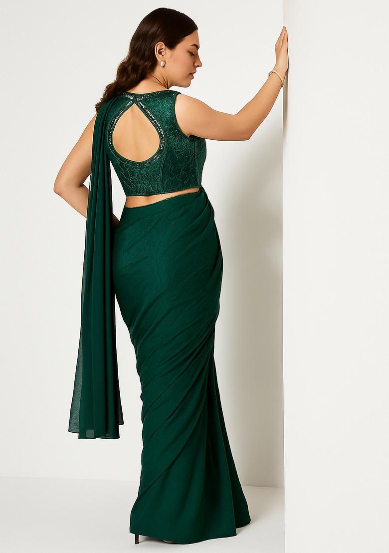 Green Sequin Embroidered Blouse Georgette Pre Draped Saree Set - Indya