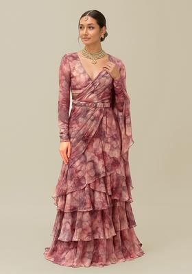 Multicolor Printed Georgette Pre Draped Saree Set