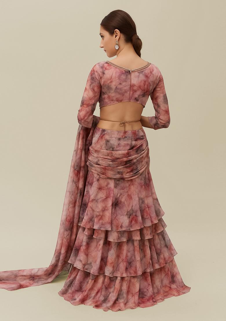 Multicolor Printed Georgette Pre Draped Saree Set - Indya