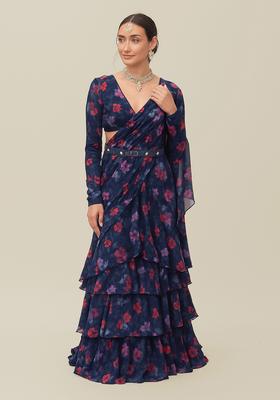 Blue Printed Georgette Pre Draped Saree Set