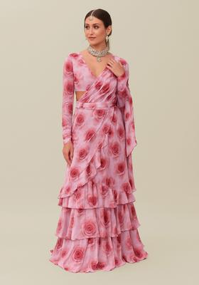 Pink Printed Georgette Pre Draped Saree Set