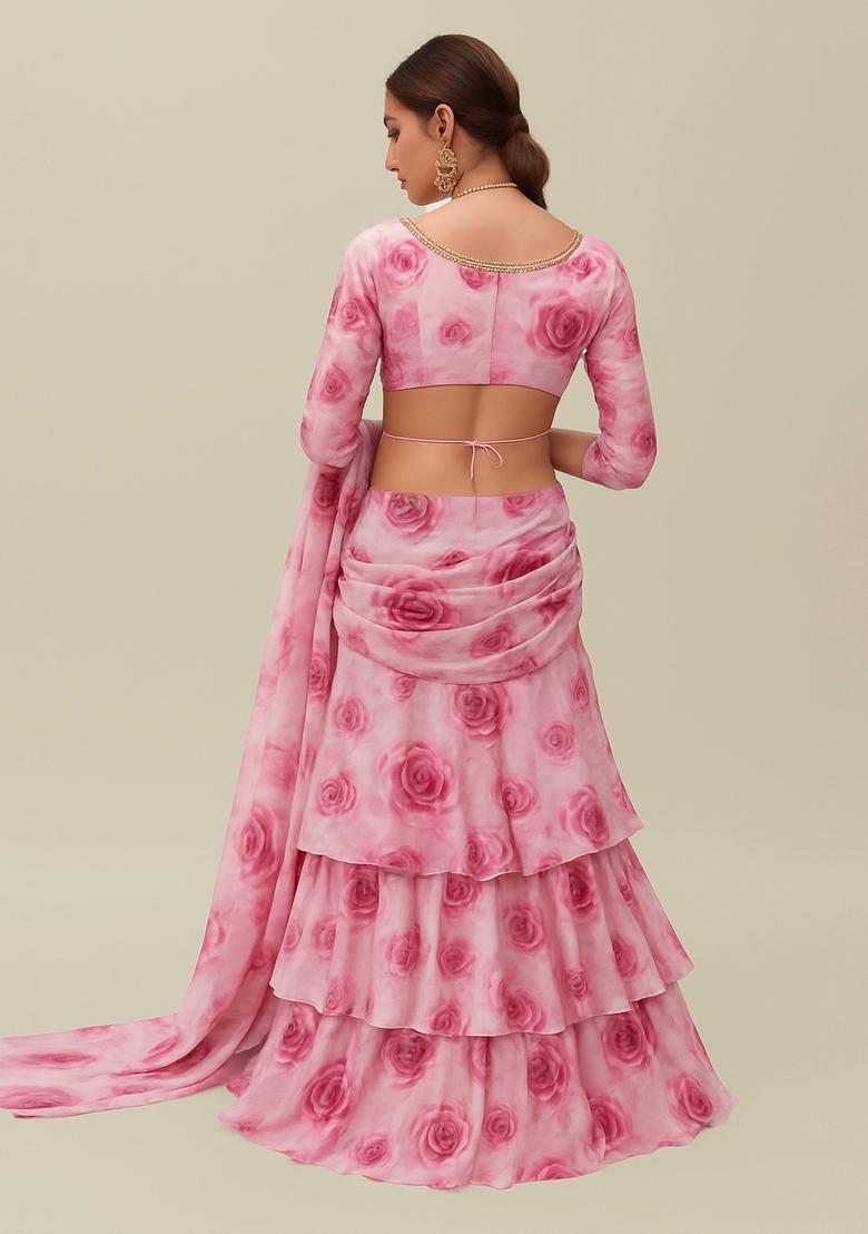 Pink Printed Georgette Pre Draped Saree Set - Indya