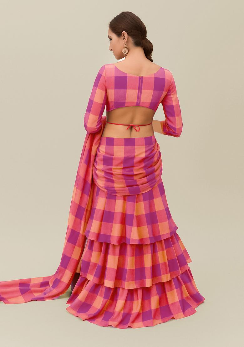 Orange Printed Pre Draped Saree Set - Indya