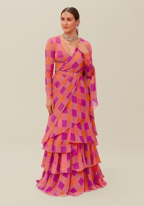 Orange Printed Pre Draped Saree Set