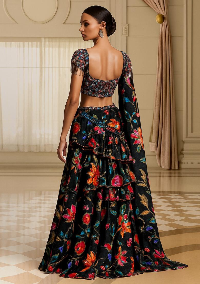 Black Embroidered Organza Pre Draped Saree Set - Indya