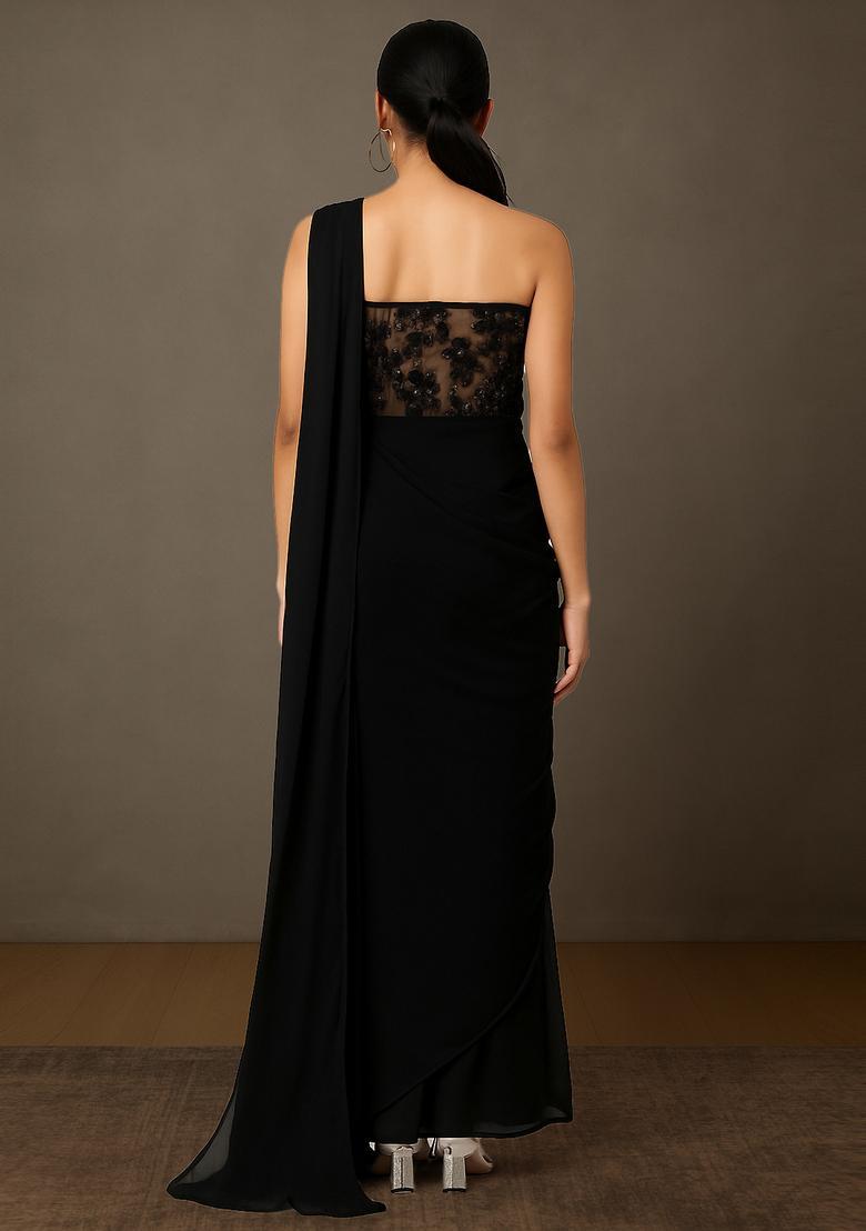 Black Sequin Embroidered Blouse Georgette Pre Draped Saree Set - Indya