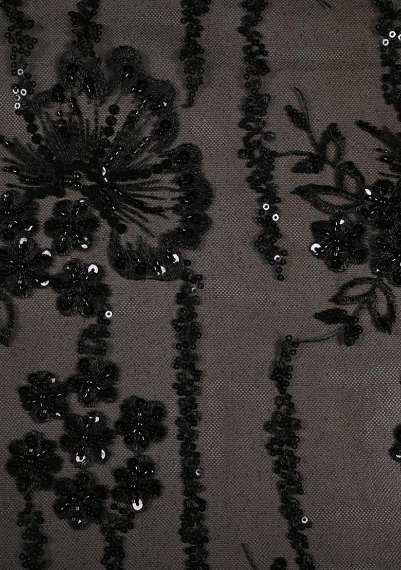 Black Sequin Embroidered Blouse Georgette Pre Draped Saree Set - Indya