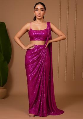 Hot Pink Sequin Embellished Pre Draped Saree Set