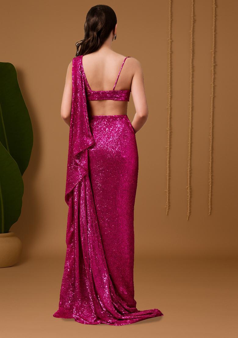 Hot Pink Sequin Embellished Pre Draped Saree Set - Indya