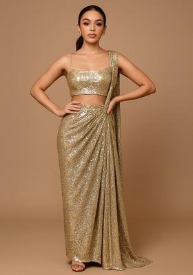 Light Gold Embellished Pre Draped Saree Set