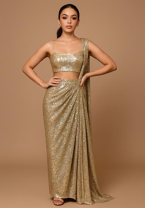 Light Gold Embellished Pre Draped Saree Set