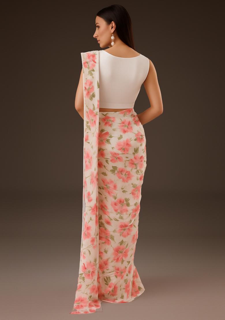 Pink Printed Chiffon Pre Draped Saree Set - Indya