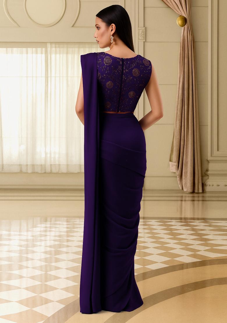 Purple Embroidered Georgette Pre Draped Saree Set - Indya