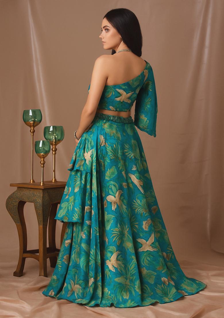 Blue Printed Tissue Fusion Set - Indya