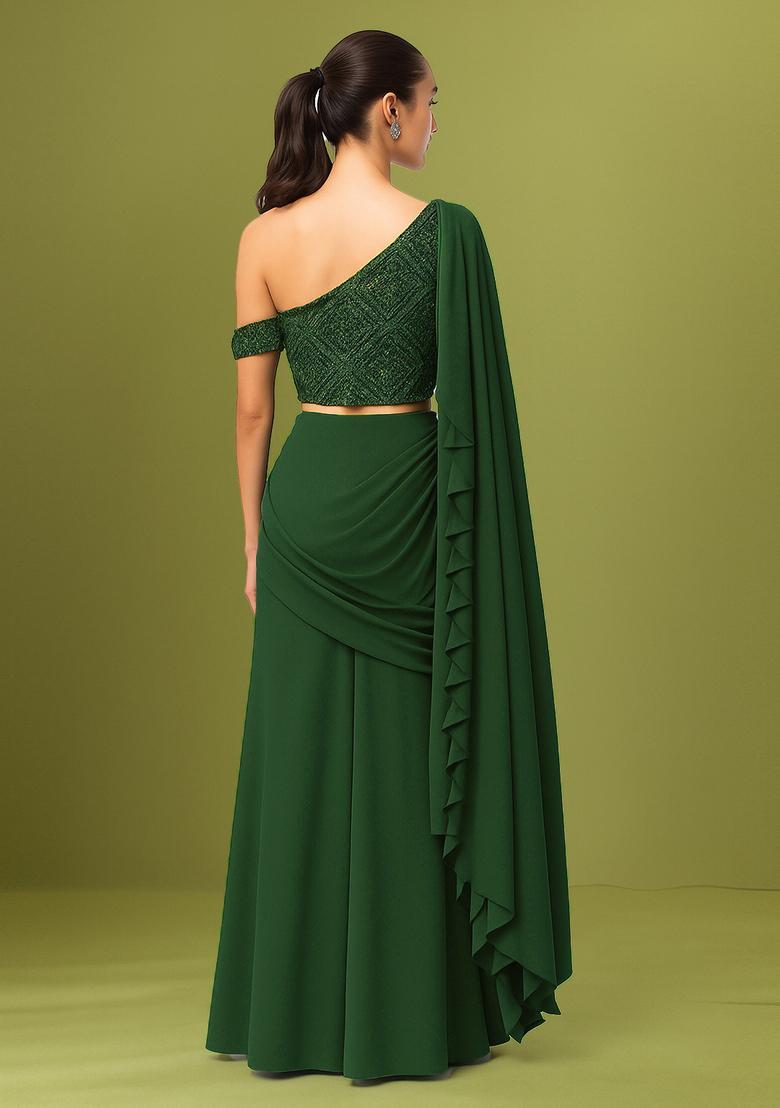 Green Embellished Net Fusion Set - Indya