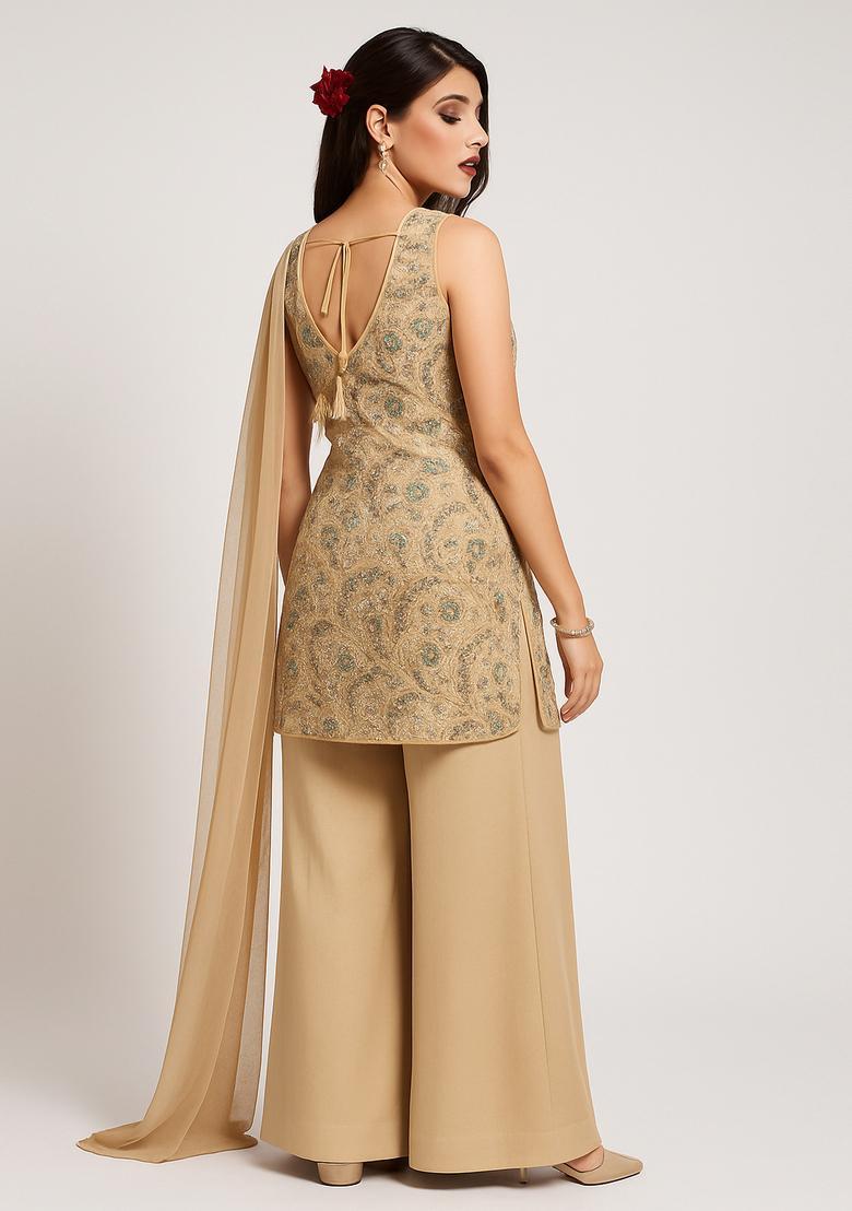 Beige Embellished Net Sharara Set - Indya