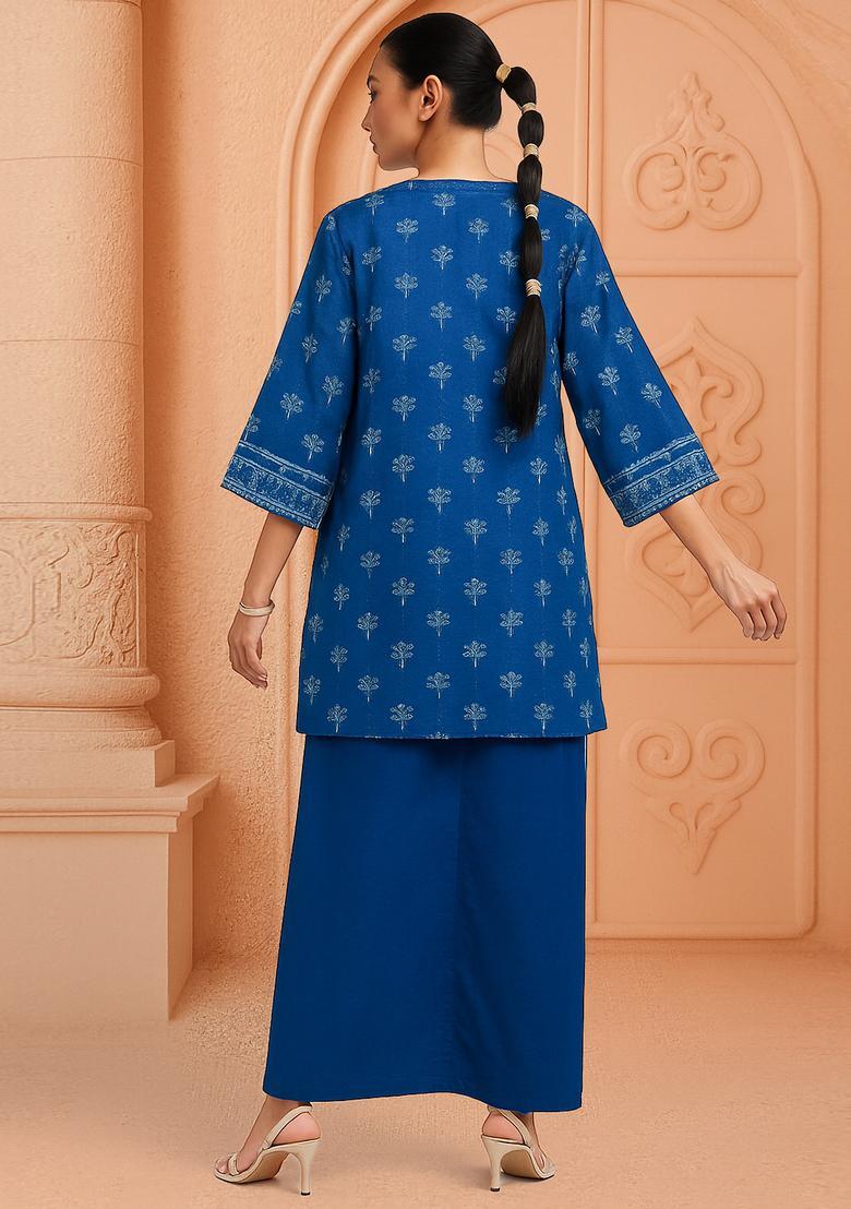 Navy Blue Embroidered Georgette Fusion Set - Indya