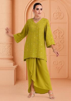 Henna Green Embroidered Georgette Fusion Set