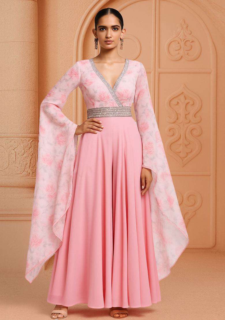 Pink Printed Georgette Anarkali Set - Indya