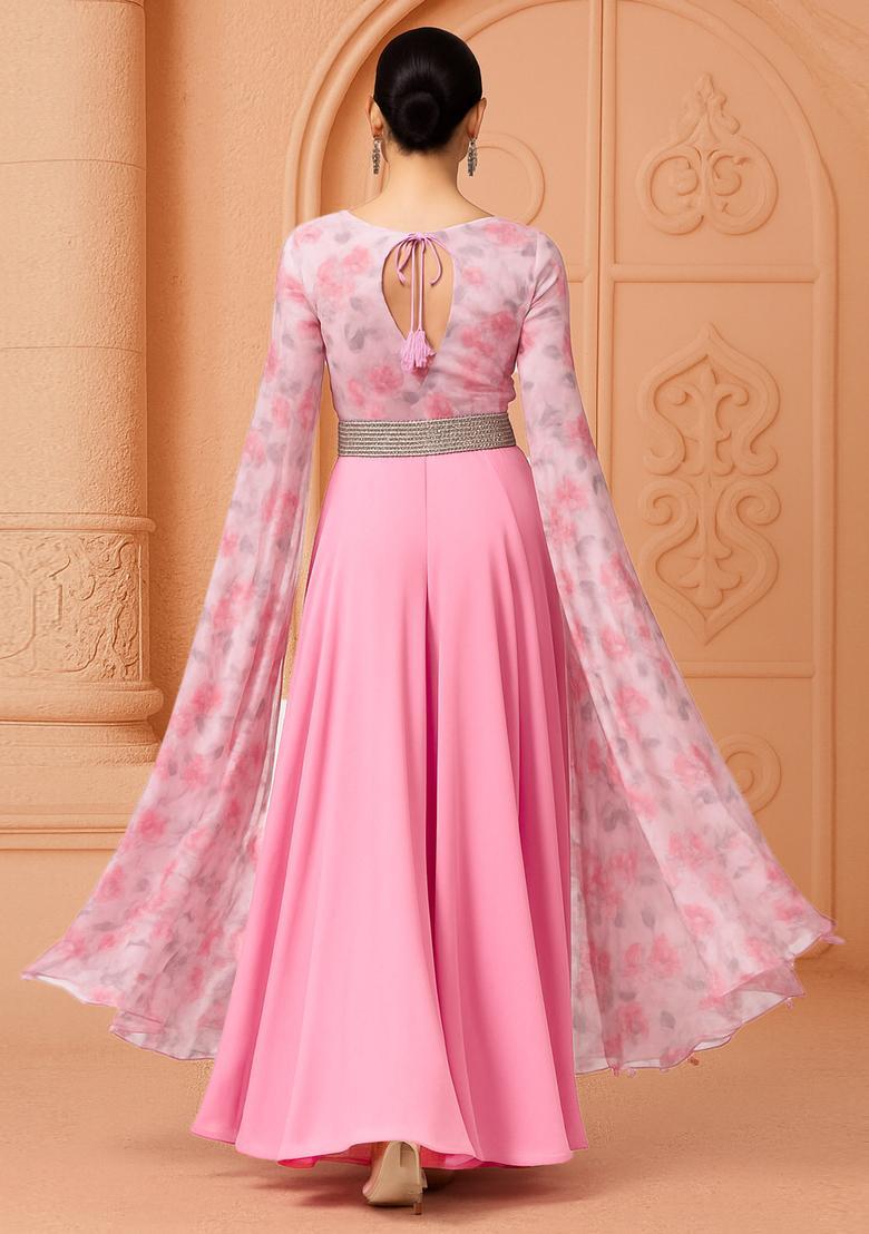 Pink Printed Georgette Anarkali Set - Indya