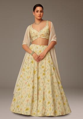 Yellow Printed Satin Lehenga Set