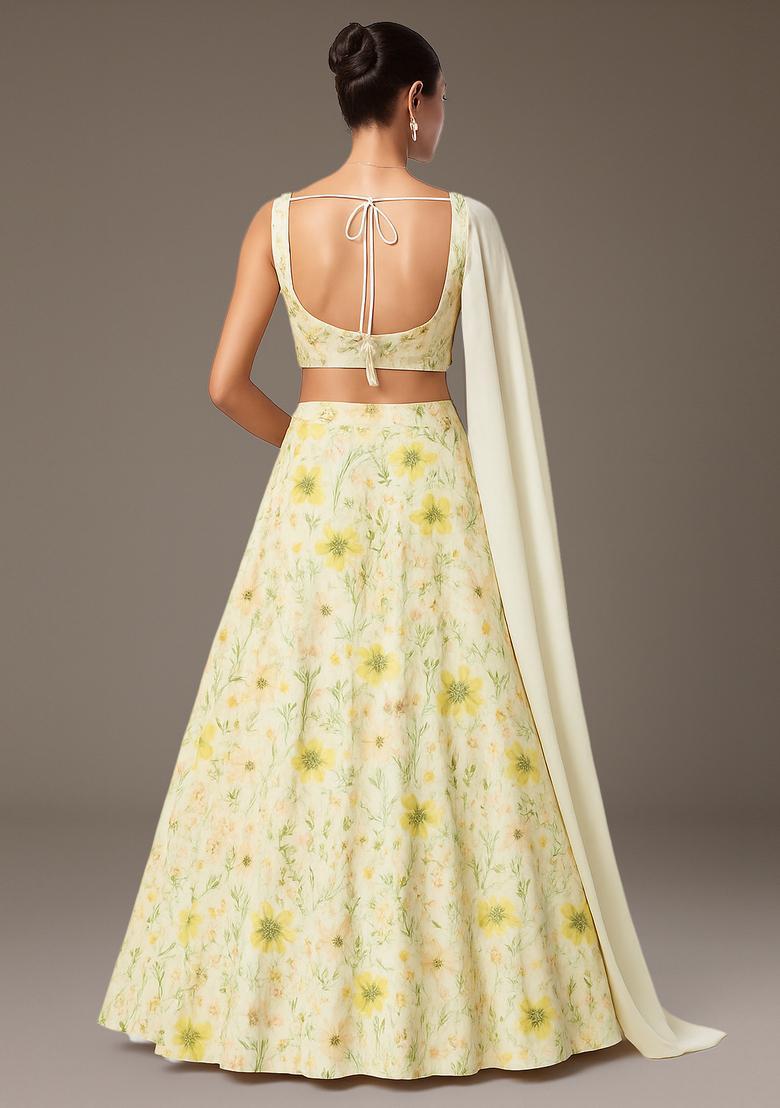 Yellow Printed Satin Lehenga Set - Indya