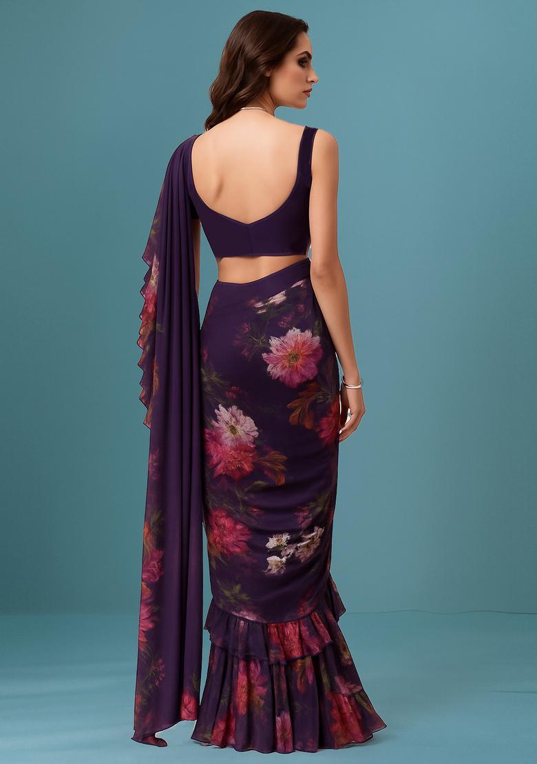 Purple Printed Organza Pre Draped Saree Set - Indya