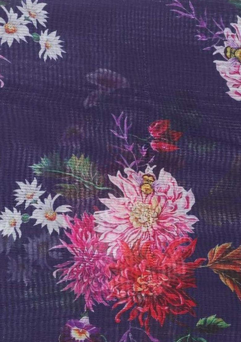 Purple Printed Organza Pre Draped Saree Set - Indya