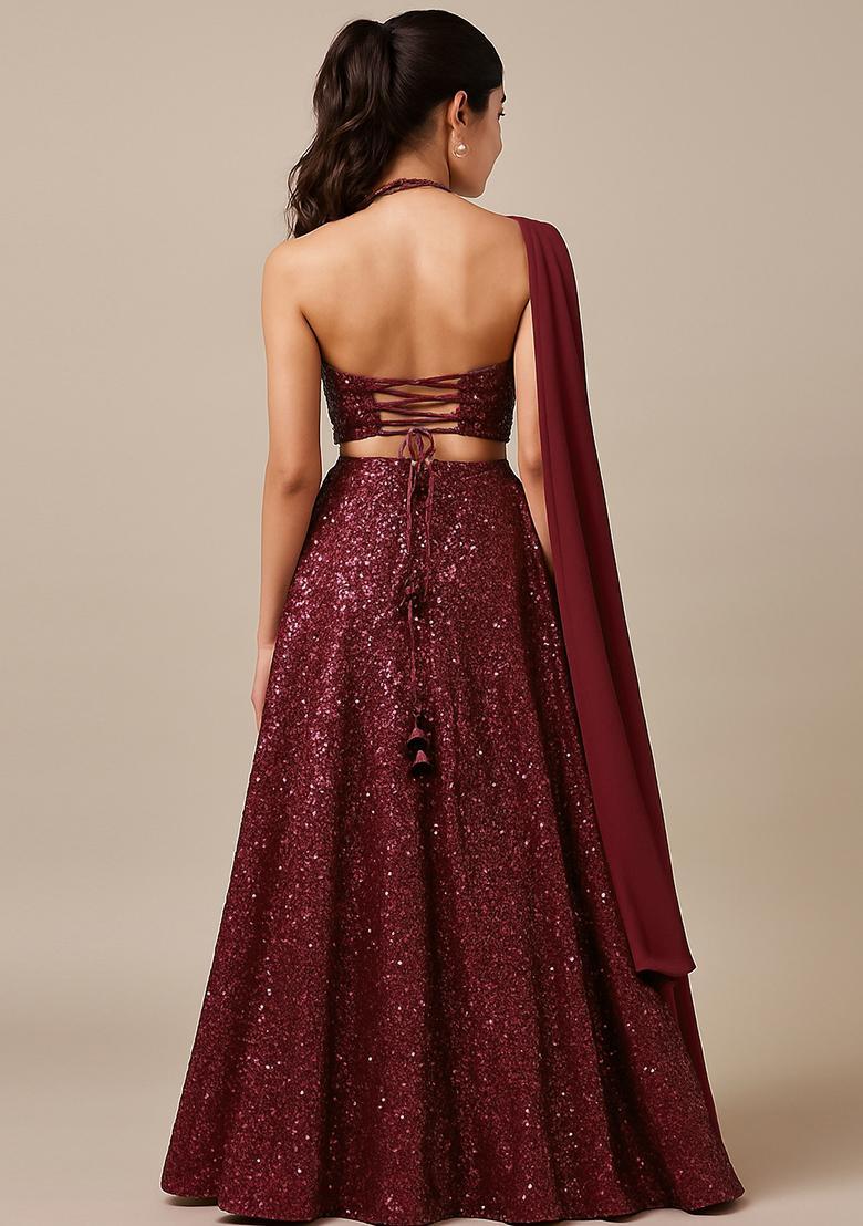 Wine Sequin Embellished Net Lehenga Set - Indya