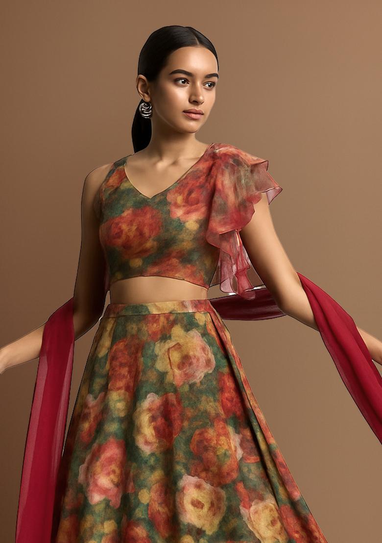 Green Printed Tissue Lehenga Set - Indya