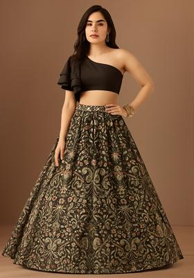 Brown Printed Silk Blend Lehenga Set
