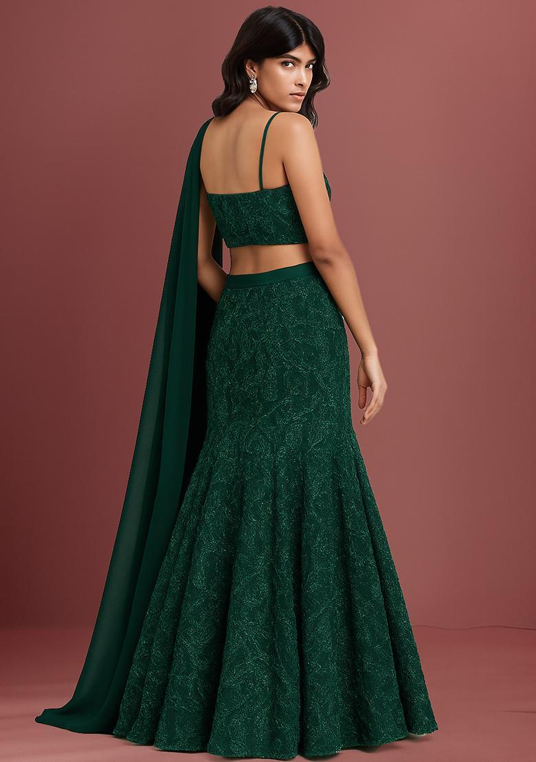 Green Embellished Net Lehenga Set - Indya
