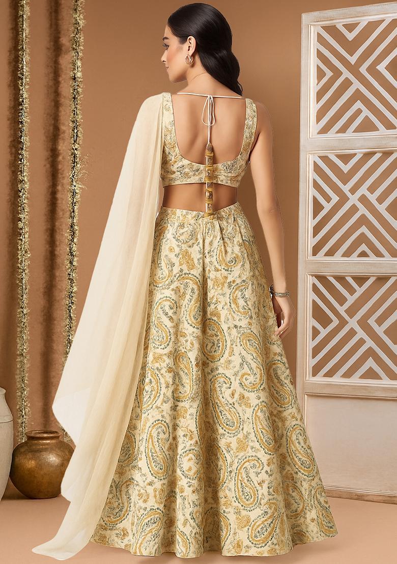 Yellow Printed Crepe Lehenga Set - Indya