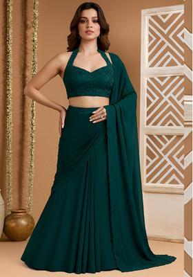 Dark Turquoise Embroidered Blouse Georgette Pre Draped Saree Set