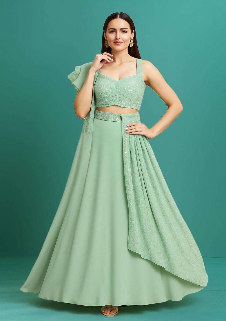 Sea Green Sequin Georgette Lehenga Set - Indya