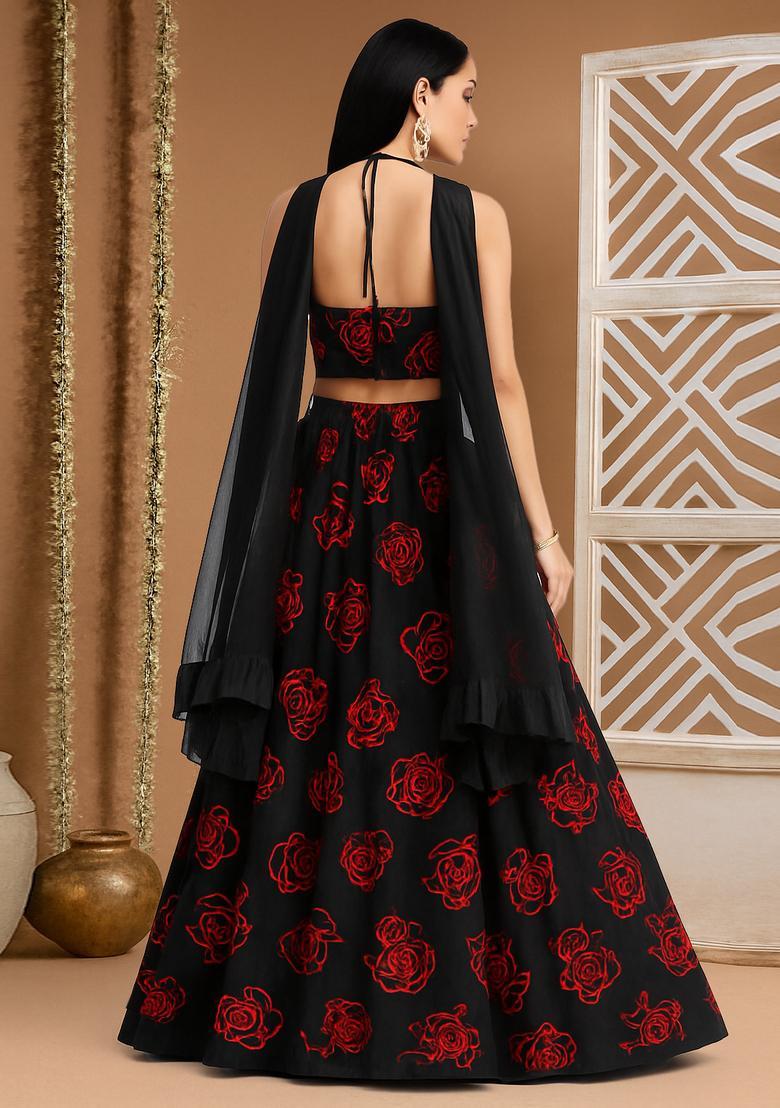 Black Threadwork Organza Lehenga Set - Indya