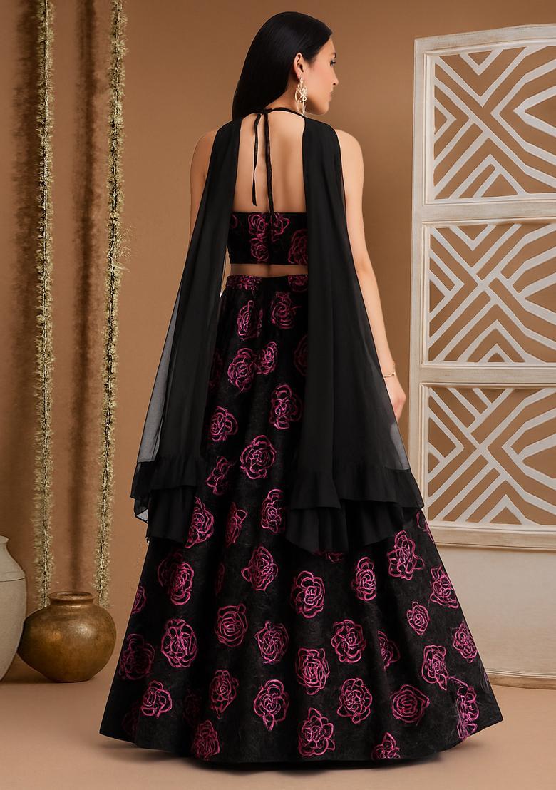 Black Threadwork Organza Lehenga Set - Indya