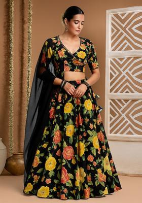 Black Printed Crepe Lehenga Set