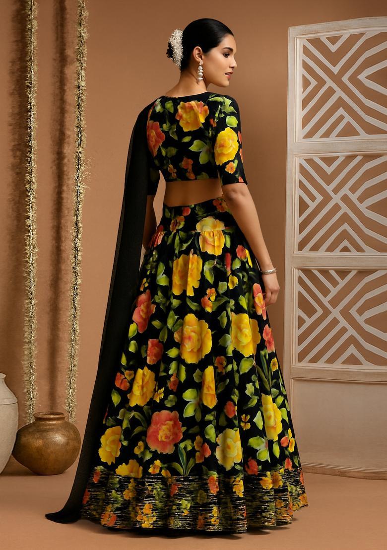 Black Printed Crepe Lehenga Set - Indya