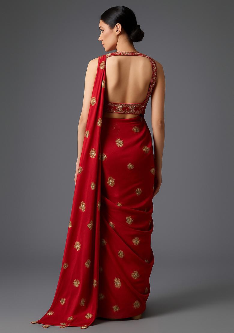 Red Embroidered Silk Blend Pre Draped Saree Set - Indya
