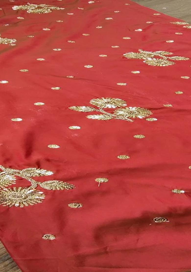 Red Embroidered Silk Blend Pre Draped Saree Set - Indya