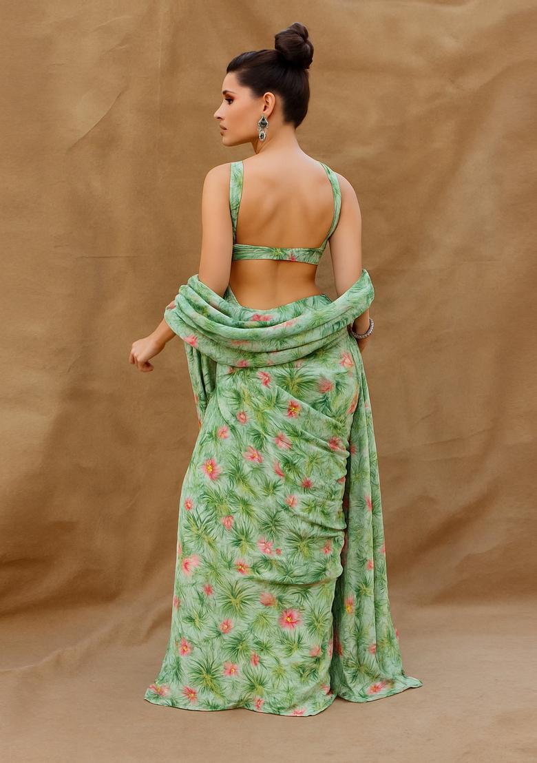 Sage Green Printed Georgette Pre Draped Saree Set - Indya