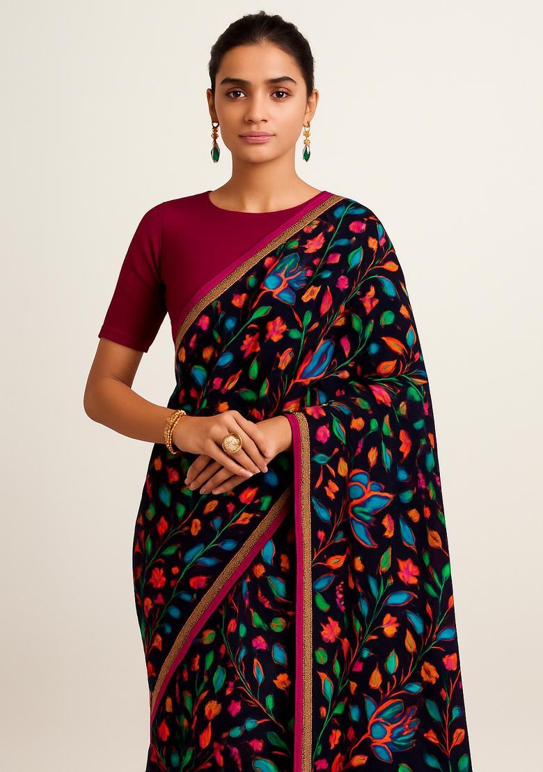 Multicolor Printed Rayon Pre Draped Saree Set - Indya