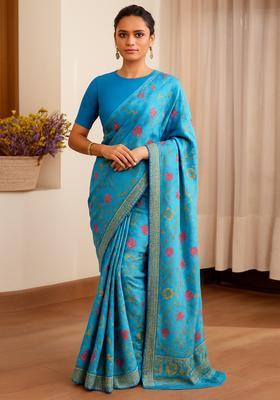Blue Zari Work Silk Blend Pre Draped Saree Set